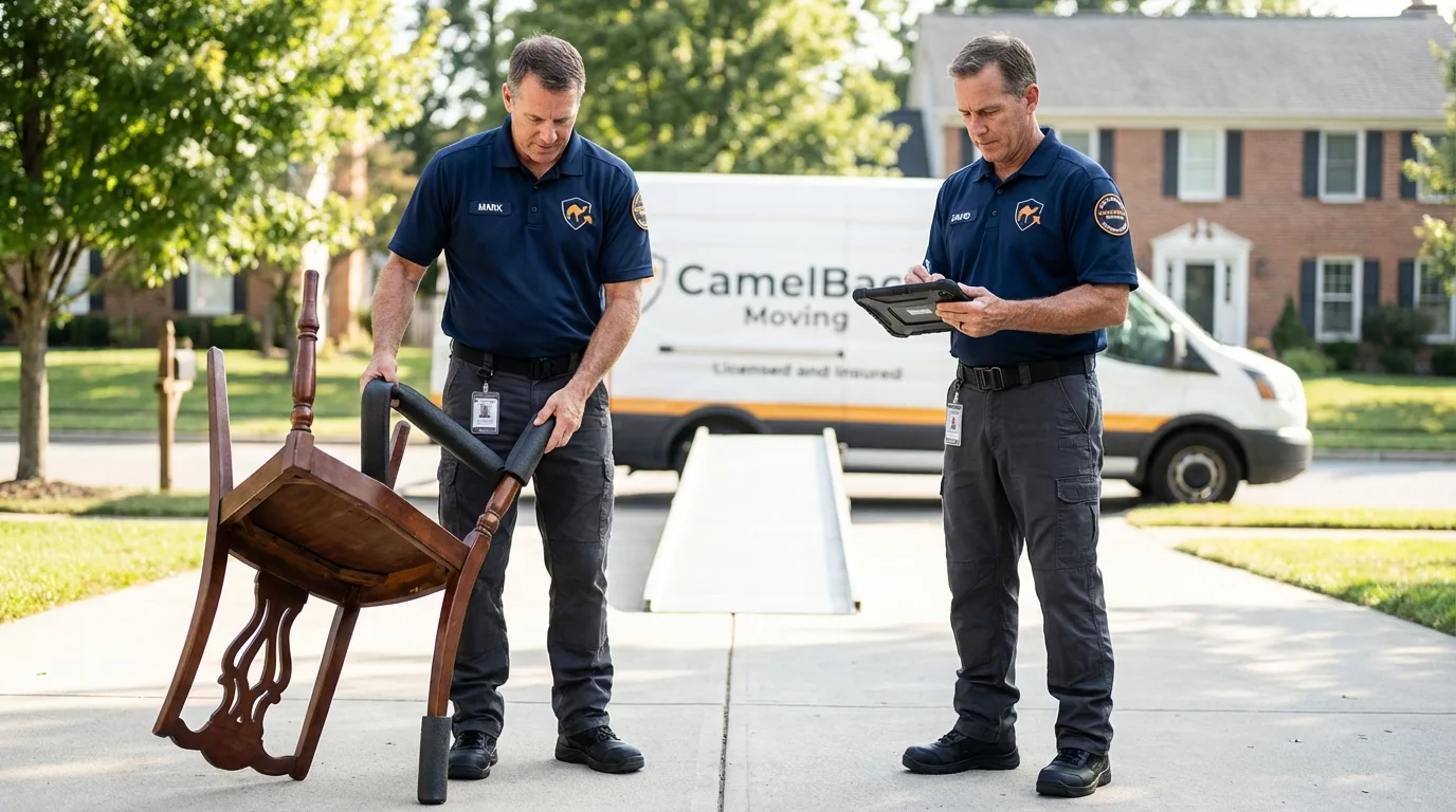 Movers inspecting furniture for damage prevention before loading in Walbridge, OH